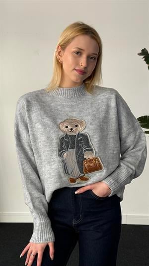 Gri Ayıcık Kabartmalı Bisiklet  Yaka Kazak