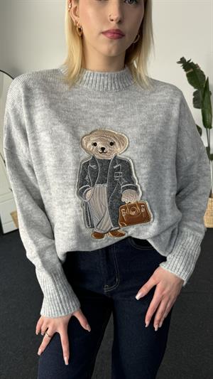 Gri Ayıcık Kabartmalı Bisiklet  Yaka Kazak