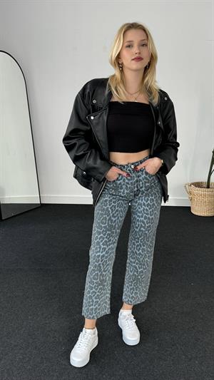 Gri Mavi Leopar Boy Fit Jean