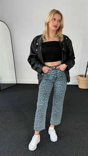 Gri Mavi Leopar Boy Fit Jean