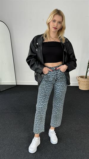 Gri Mavi Leopar Boy Fit Jean