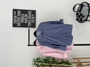 İnce Çizgili Oversize Kalıp Gömlek Lacivert