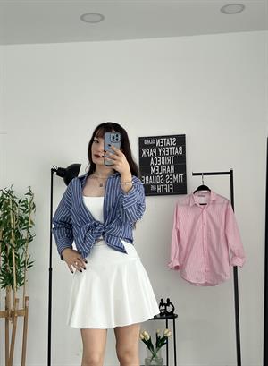 İnce Çizgili Oversize Kalıp Gömlek Lacivert