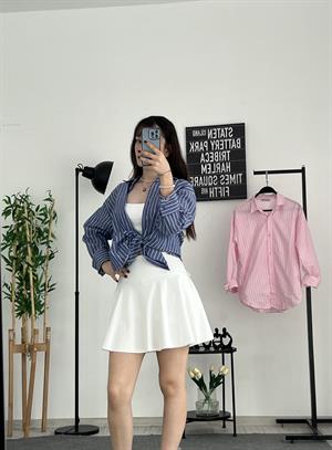 İnce Çizgili Oversize Kalıp Gömlek Lacivert