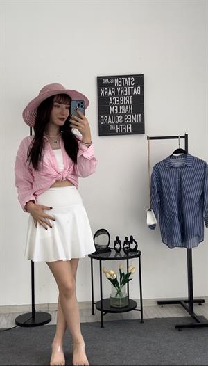 İnce Çizgili Oversize Kalıp Gömlek Pembe