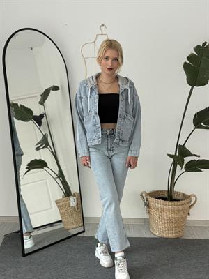 Kapüşonlu Cep Detaylı Kısa Ceket Mavi