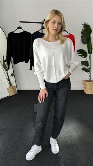 Kayık Yaka Triko Bluz Beyaz