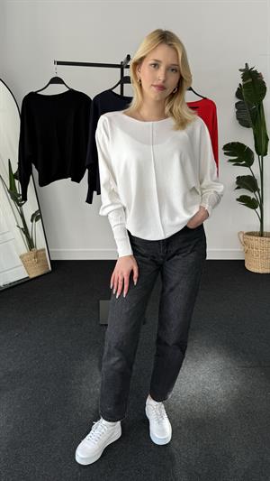 Kayık Yaka Triko Bluz Beyaz