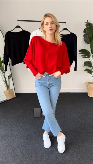 Kayık Yaka Triko Bluz Kırmızı