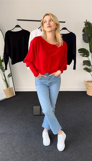 Kayık Yaka Triko Bluz Kırmızı