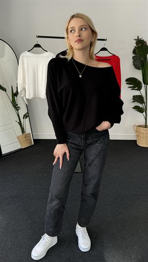 Kayık Yaka Triko Bluz  Siyah
