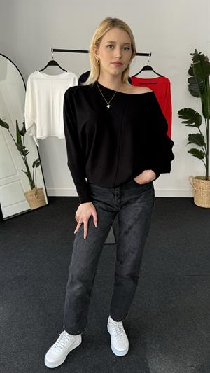 Kayık Yaka Triko Bluz  Siyah