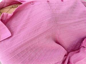 Kendinden Çizgi Desenli Uzun Kollu Salaş Gömlek - Pembe