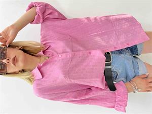 Kendinden Çizgi Desenli Uzun Kollu Salaş Gömlek - Pembe