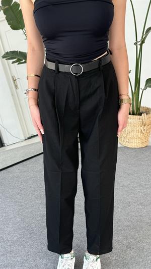 Kendinden Kemerli Krep Kumaş Pantolon Siyah