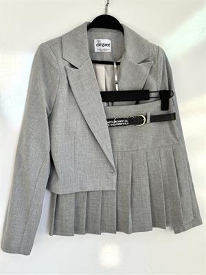 Kendinden Kemerli Pileli Şortlu Etek Gri 