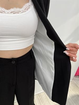 Keten Blazer Ceket İçi Çizgili Astarlı  - Siyah