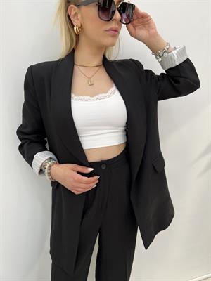 Keten Blazer Ceket İçi Çizgili Astarlı  - Siyah