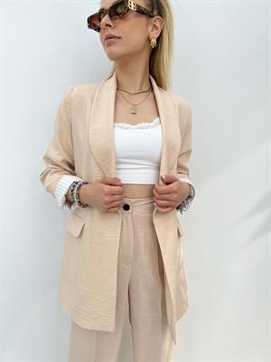 Keten Blazer Ceket İçi Çizgili Astarlı  - Krem