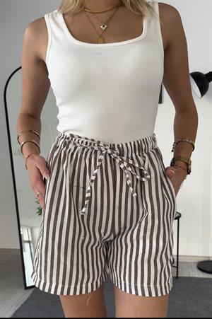 Keten Cepli Beli Lastikli  Çizgili Kısa Şort Kahverengi