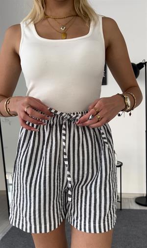 Keten Cepli Beli Lastikli  Çizgili Kısa Şort Siyah