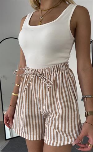 Keten Cepli Beli Lastikli  Çizgili Kısa Şort Açık Kahve