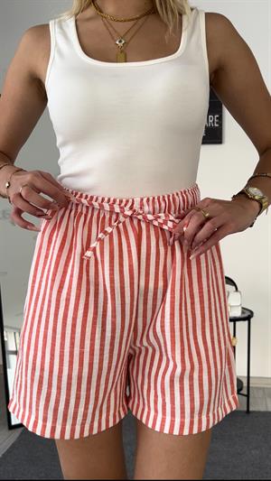 Keten Cepli Beli Lastikli  Çizgili Kısa Şort Kırmızı