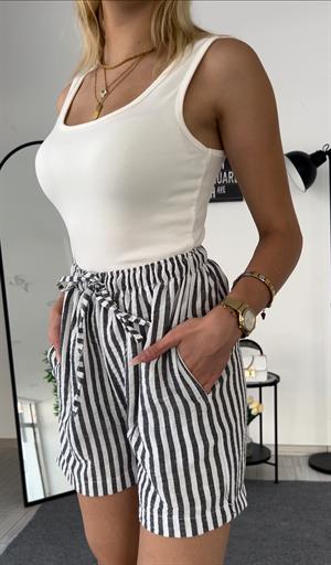 Keten Cepli Beli Lastikli  Çizgili Kısa Şort Siyah