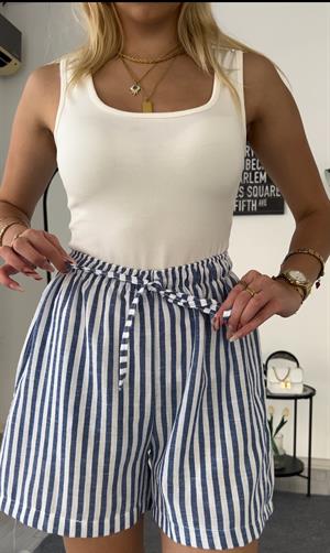 Keten Cepli Beli Lastikli  Çizgili Kısa Şort Lacivert  