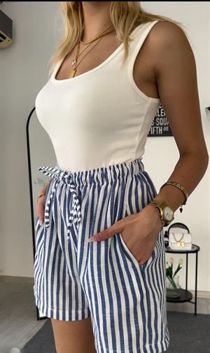 Keten Cepli Beli Lastikli  Çizgili Kısa Şort Lacivert  