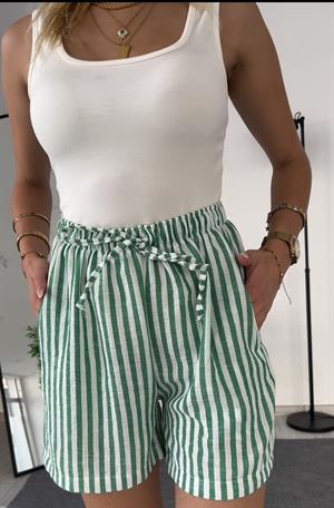 Keten Cepli Beli Lastikli  Çizgili Kısa Şort Yeşil