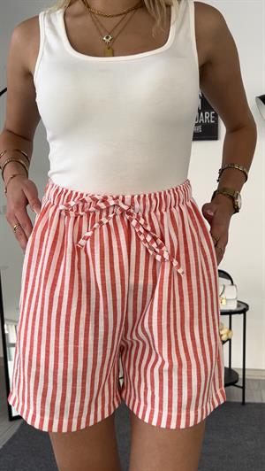Keten Cepli Beli Lastikli  Çizgili Kısa Şort Kırmızı