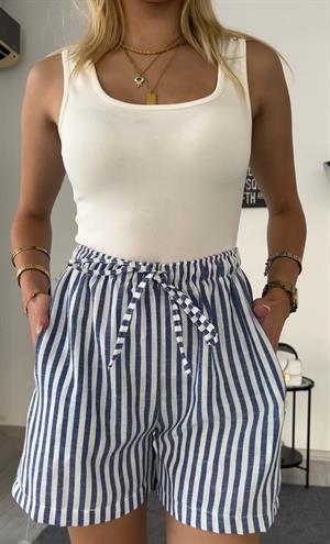 Keten Cepli Beli Lastikli  Çizgili Kısa Şort Lacivert  