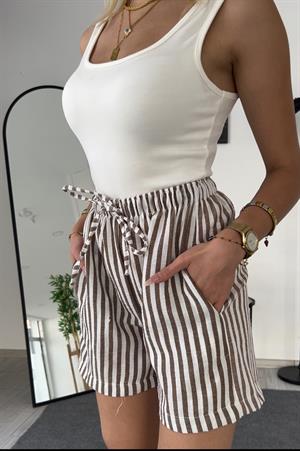 Keten Cepli Beli Lastikli  Çizgili Kısa Şort Kahverengi