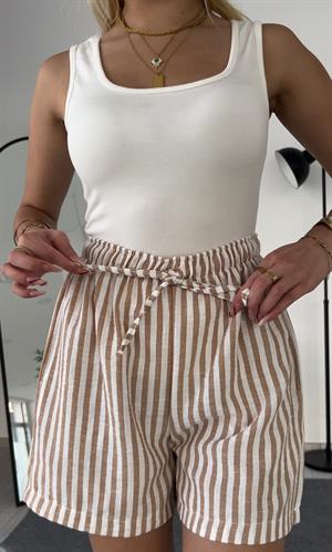 Keten Cepli Beli Lastikli  Çizgili Kısa Şort Açık Kahve