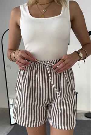 Keten Cepli Beli Lastikli  Çizgili Kısa Şort Kahverengi