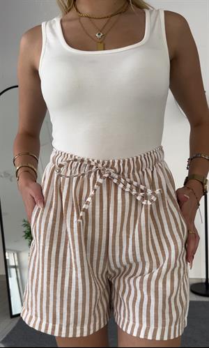 Keten Cepli Beli Lastikli  Çizgili Kısa Şort Açık Kahve