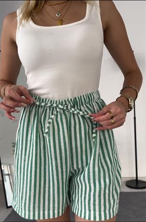Keten Cepli Beli Lastikli  Çizgili Kısa Şort Yeşil
