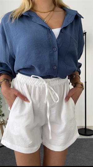 Keten Cepli Beli Lastikli  Kısa Şort Beyaz