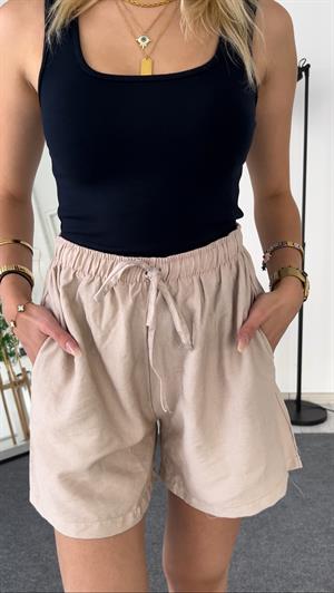 Keten Cepli Beli Lastikli  Kısa Şort  Krem