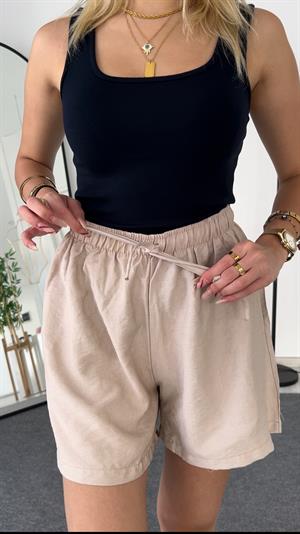 Keten Cepli Beli Lastikli  Kısa Şort  Krem