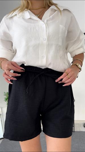 Keten Cepli Beli Lastikli  Kısa Şort  Siyah