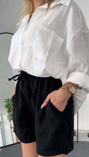 Keten Cepli Beli Lastikli  Kısa Şort  Siyah