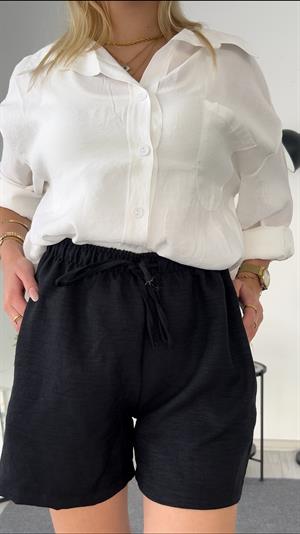 Keten Cepli Beli Lastikli  Kısa Şort  Siyah