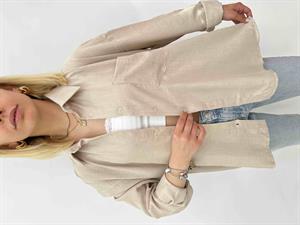 Keten Tek Cep Uzun Kollu Gömlek - Krem