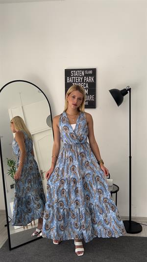 Kolsuz Viskon Elbise Mavi