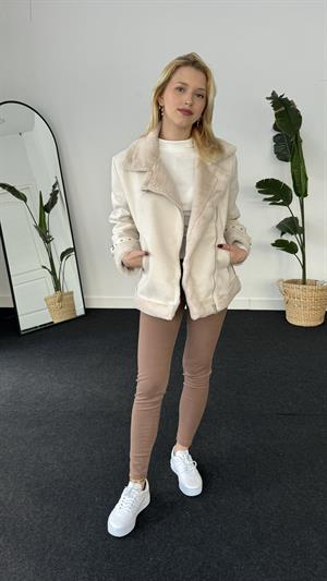 Kolu Tokalı Kürk Lamineli Süet Ceket Krem