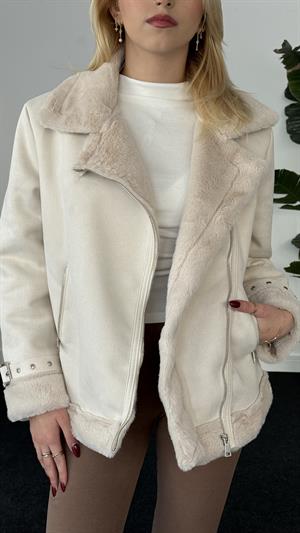 Kolu Tokalı Kürk Lamineli Süet Ceket Krem