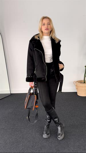 Kolu Tokalı Kürk Lamineli Süet Ceket Siyah