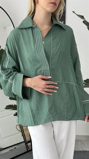 Kontrast Dikişli Yaka Detaylı Gömlek Haki